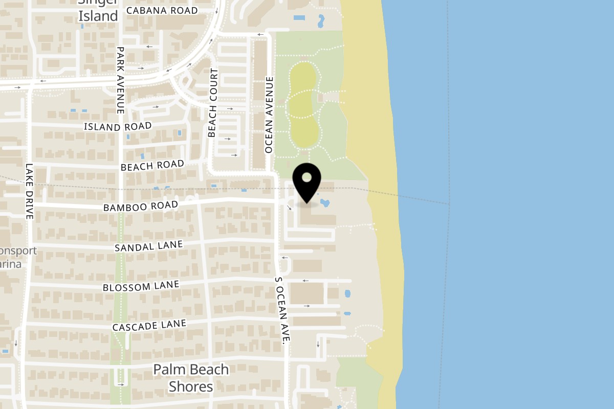 Map showing the location of The Islander Grill and Tiki Bar on 181 S Ocean Ave in Palm Beach Shores